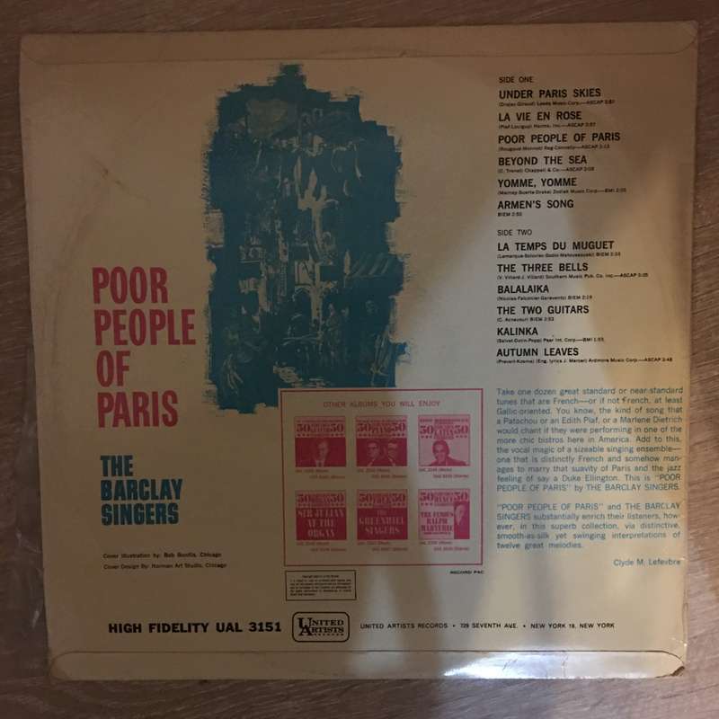 The Barclay Singers  The Poor People Of Paris - Vinyl LP Record - Very-Good+ Quality (VG+)