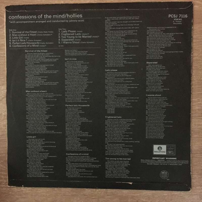 The Hollies  Confessions Of The Mind - Vinyl LP Record - Very-Good+ Quality (VG+)
