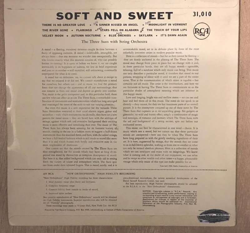 The Three Suns  Soft And Sweet - Vinyl LP Record - Opened  - Very-Good Quality (VG)