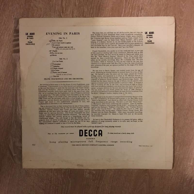 Frank Chacksfield And His Orchestra  Evening In Paris - Vinyl LP Record - Very-Good Quality...