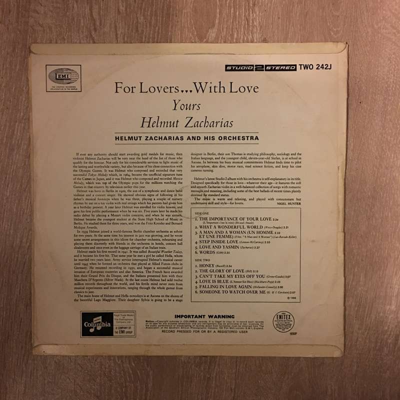 Helmut Zacharias And His Orchestra  For Lovers With Love - Vinyl LP Record - Opened  - Very...