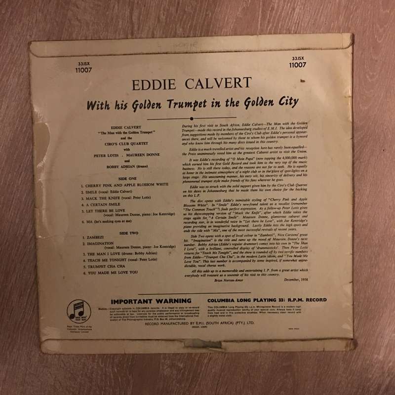 Eddie Calvert  Eddie Calvert -In the Golden City - Ciro's Club Johannesburg - Vinyl LP Reco...
