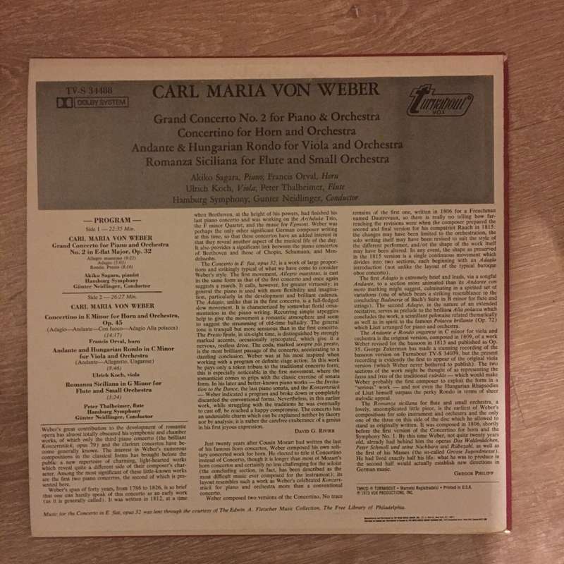 Carl Maria Von Weber, Hamburg Symphony, Gunter Neidlinger  Grand Concerto No. 2 For Piano &...