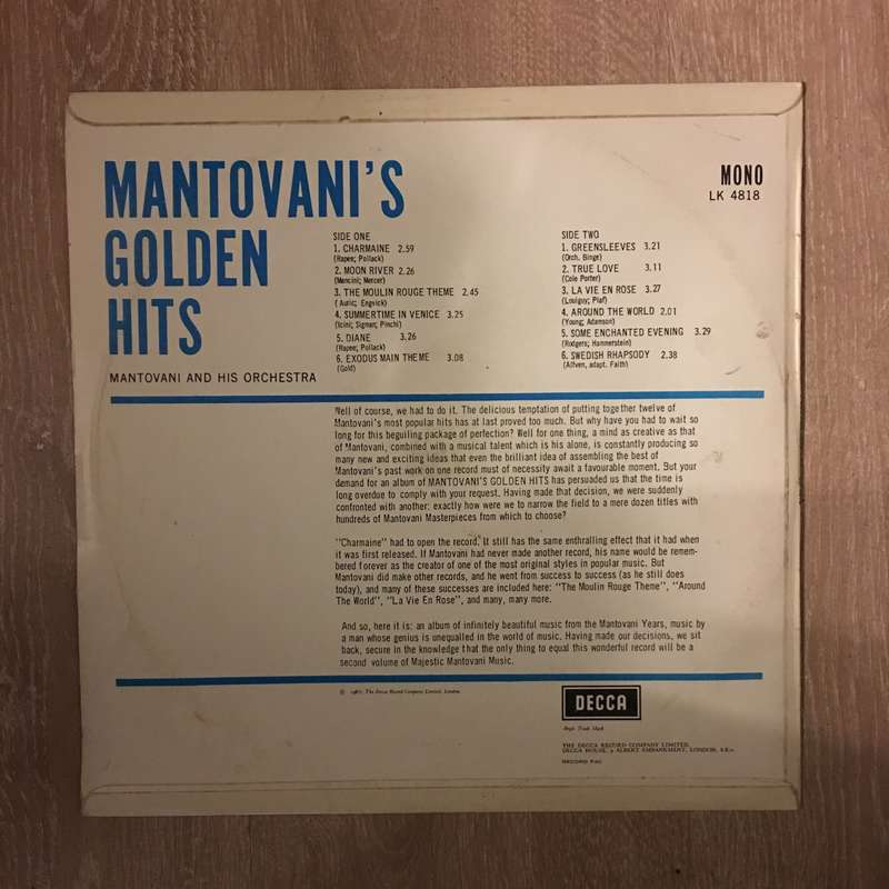 Mantovani's Golden Hits  - Vinyl LP Record - Opened  - Very-Good+ Quality (VG+)