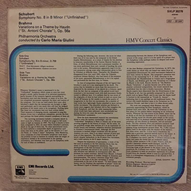 Schubert, Brahms, Carlo Maria Giulini, Philharmonia Orchestra  «Unfinished» Symphony / Va...