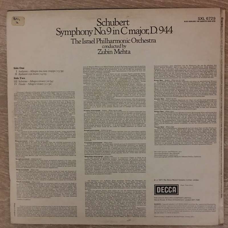 Schubert, Israel Philharmonic Orchestra, Zubin Mehta  Symphony No.9 - Vinyl LP Record - Ver...