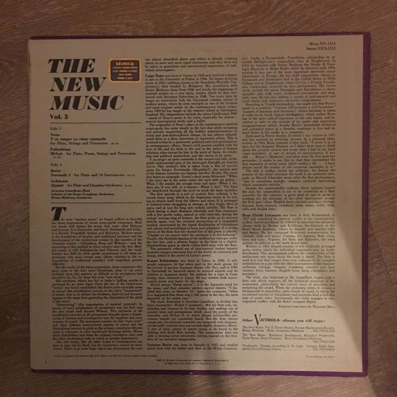 Nono - Fukushima - Berio - Lehmann  The New Music Vol. 3 -  Vinyl LP Record - Opened  - Ver...