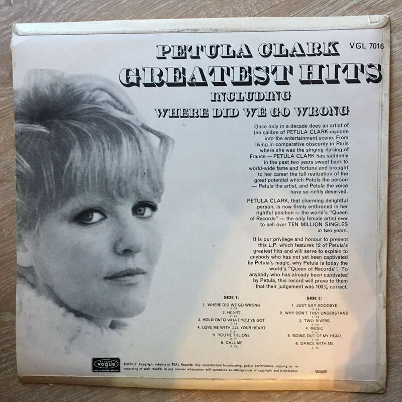 Petula Clark  Greatest Hits - Vinyl LP Record - Very-Good+ Quality (VG+)