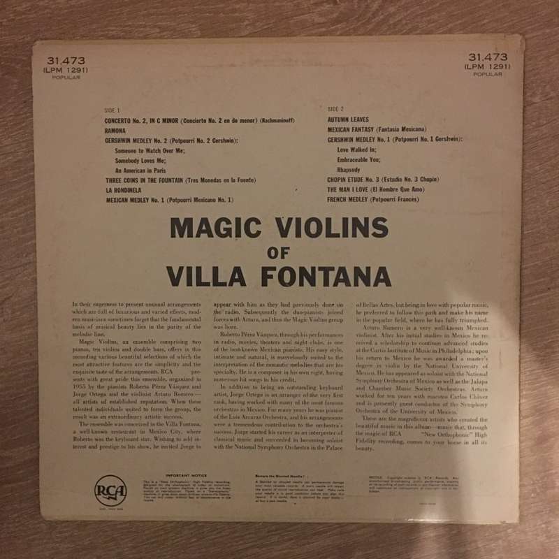 Magic Violins Of Villa Fontana - Vinyl LP Record - Opened  - Very-Good+ Quality (VG+)