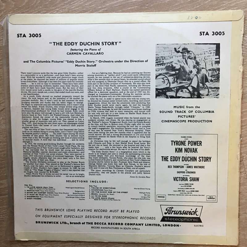 The Eddy Duchin Story - Soundtrack -  Carmen Cavallaro  Vinyl LP Record - Very-Good+ Qualit...
