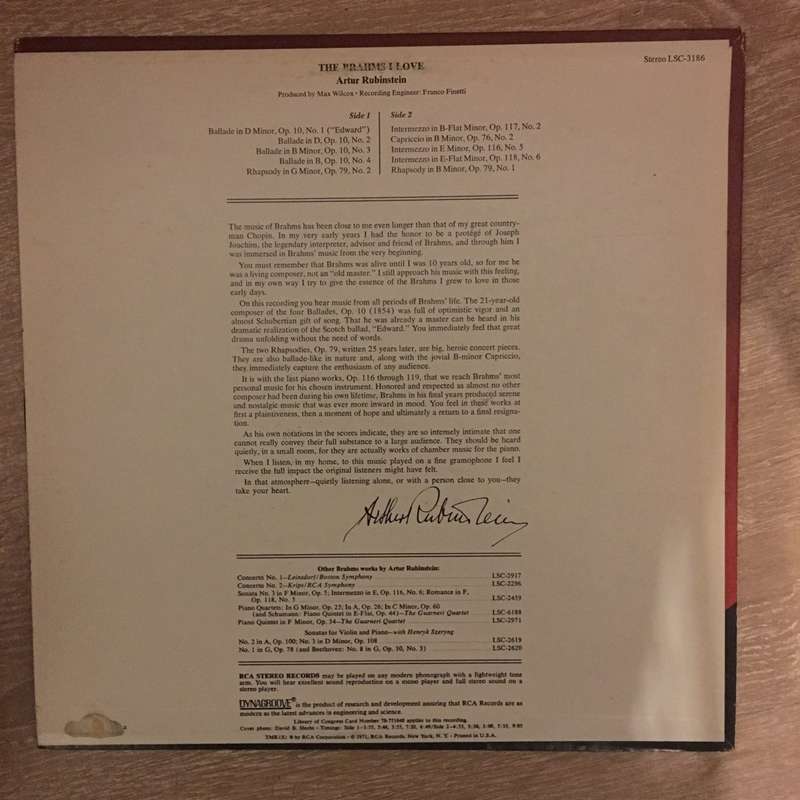 Arthur Rubinstein  The Brahms I Love - Opened Vinyl LP Record - Very-Good+ (VG+)