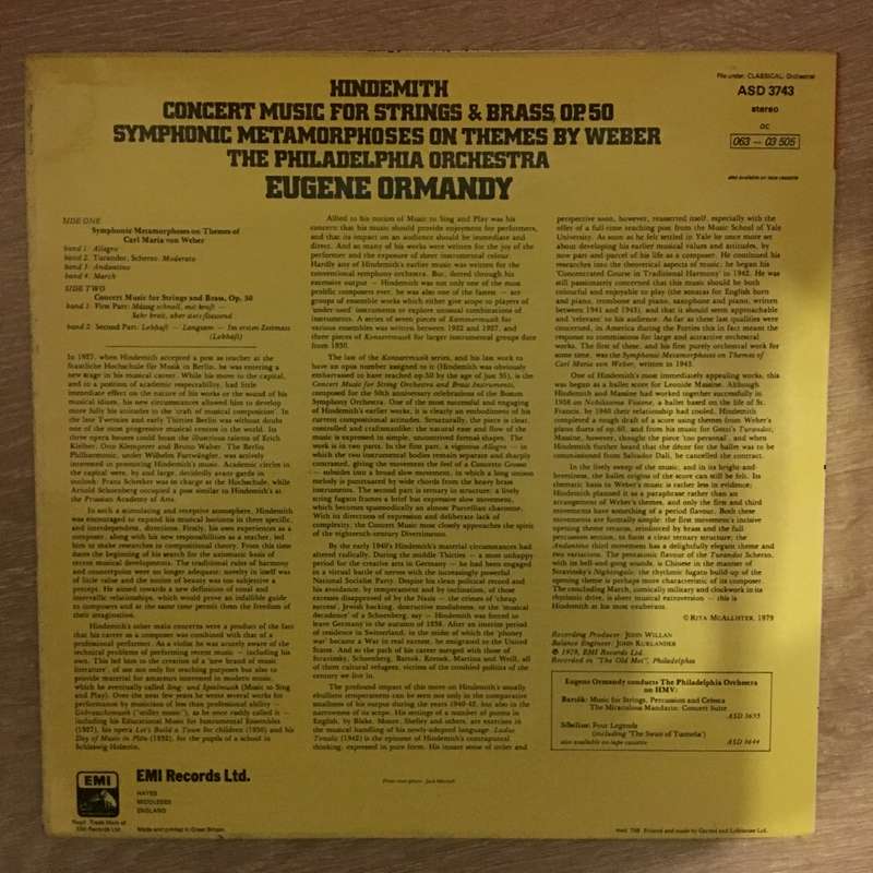 Hindemith, The Philadelphia Orchestra, Eugene Ormandy  Concert Music For Strings & Brass, O...