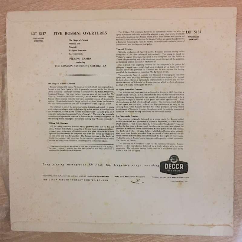 Rossini -  London Symphony Orchestra, Pierino Gamba  Five Rossini Overtures - Vinyl LP Reco...