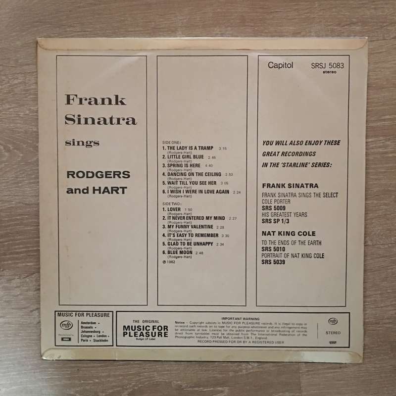 Frank Sinatra Sings Rodgers and Hart - Vinyl LP Record Album - Opened  - Very-Good Quality (VG)