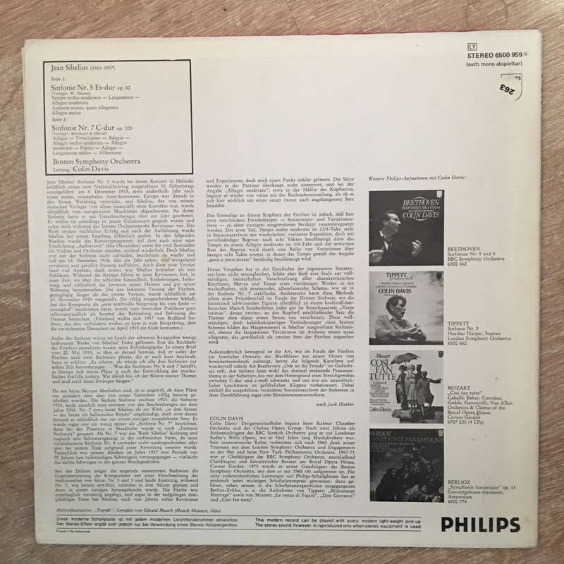 Sibelius - Boston Symphony Orchestra, Colin Davis  Symphonies Nos. 5 And 7 - Vinyl LP Re...