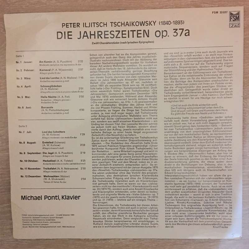 Tschaikowsky, Alexej Tscherkassow  Die Jahreszeiten Op, 37a - Vinyl LP Record - Opened  - V...