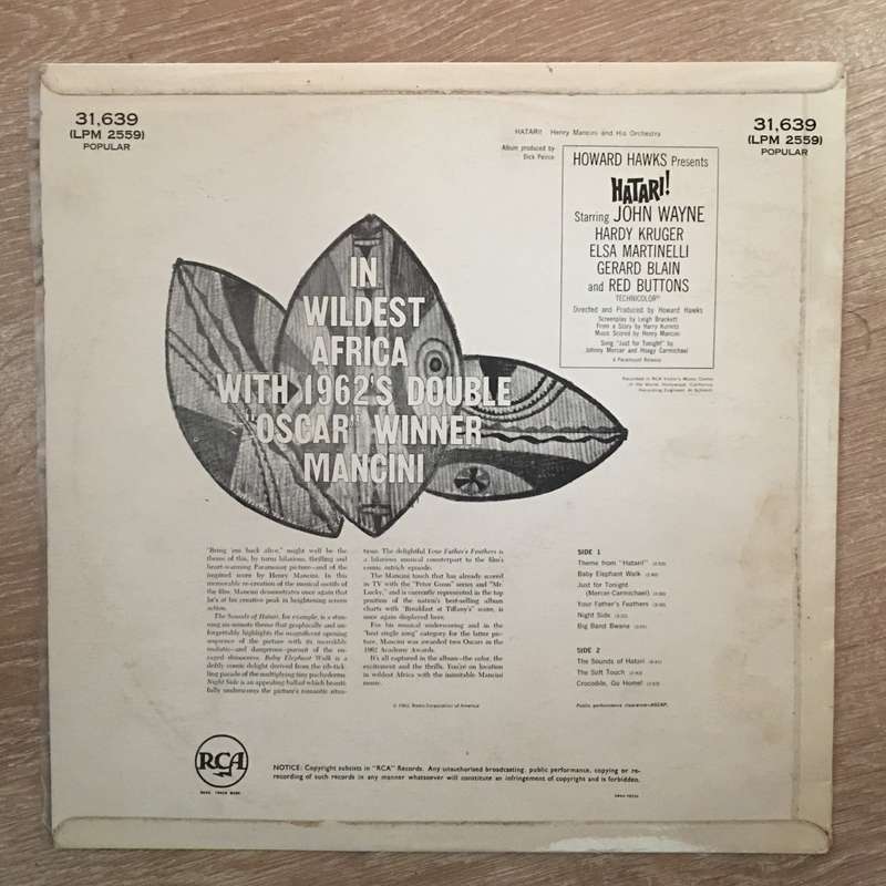 Howard Hawks' Hatari - Henry Mancini - Original Paramount Recording - Vinyl LP Record - Opened  -...