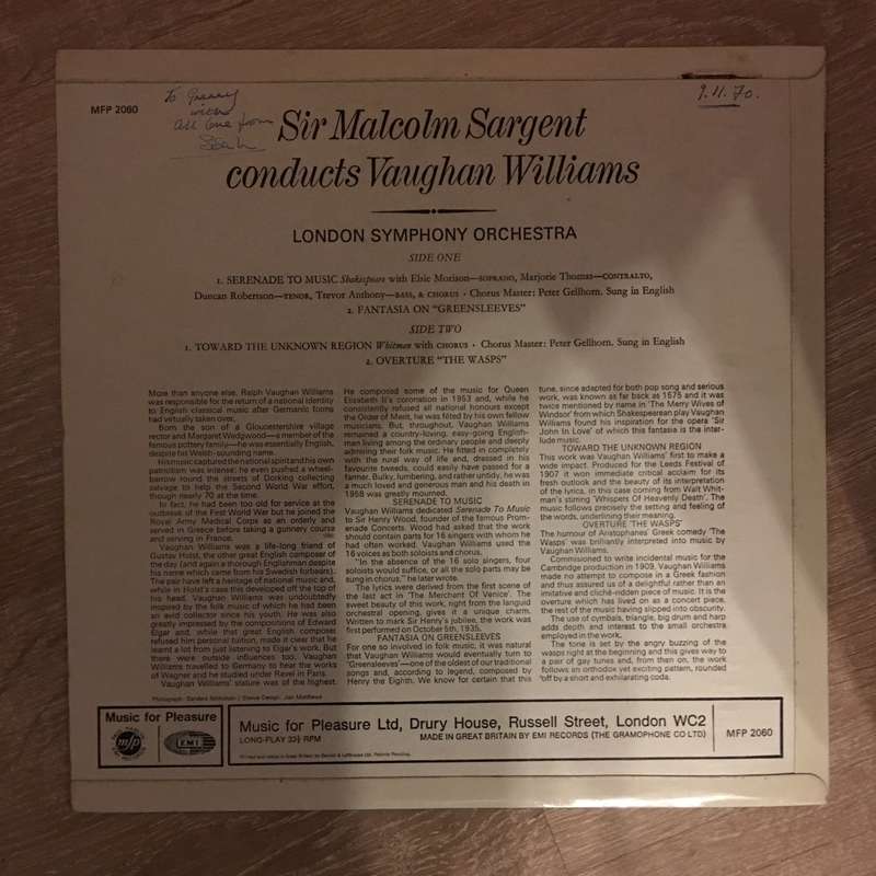 Sir Malcolm Sargent Conducts Vaughan Williams - Vinyl LP Record - Very-Good+ Quality (VG+)