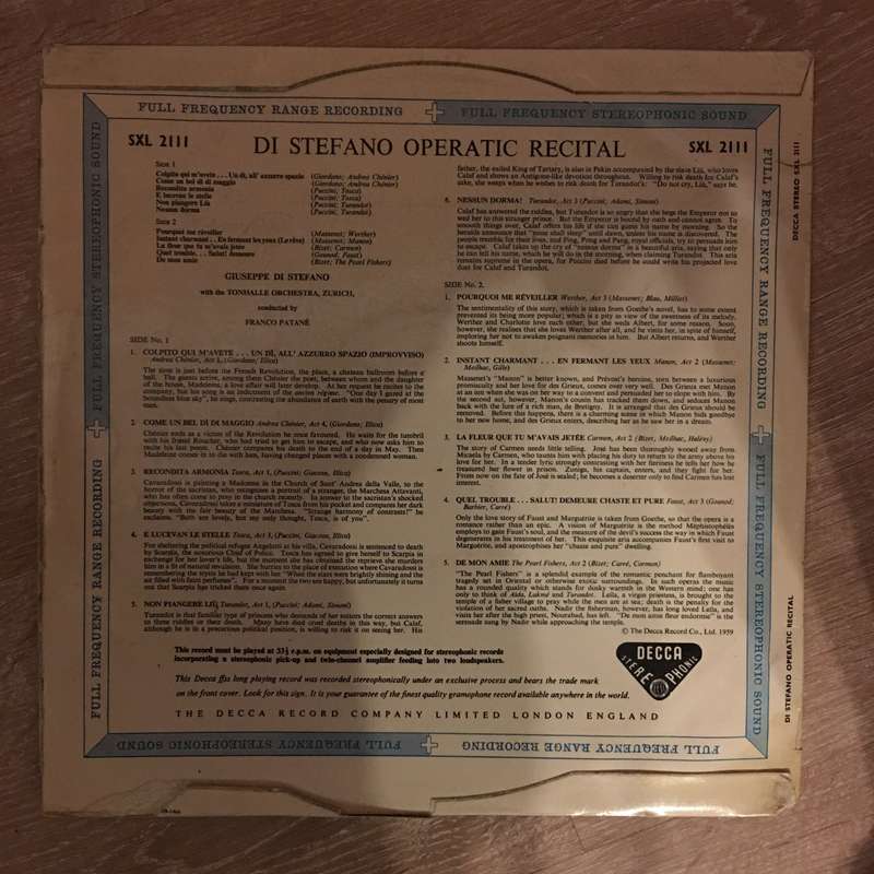 Di Stefano  Operatic Recital  - Vinyl LP Record - Opened  - Very-Good- Quality (VG-)