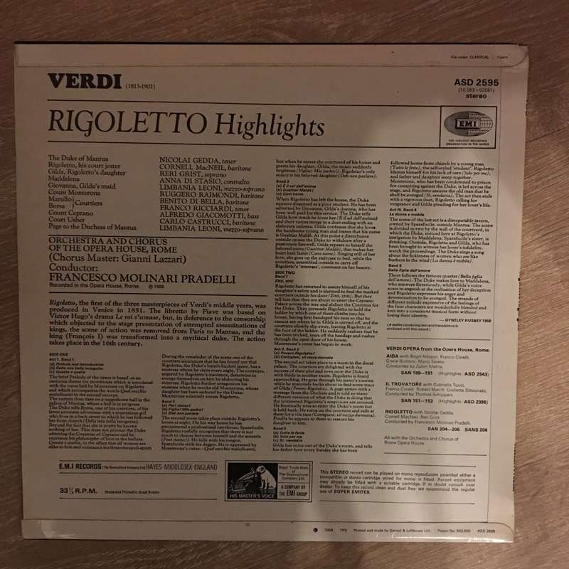 Verdi  Rigoletto Highlights - Vinyl LP Record - Opened  - Very-Good+ Quality (VG+)