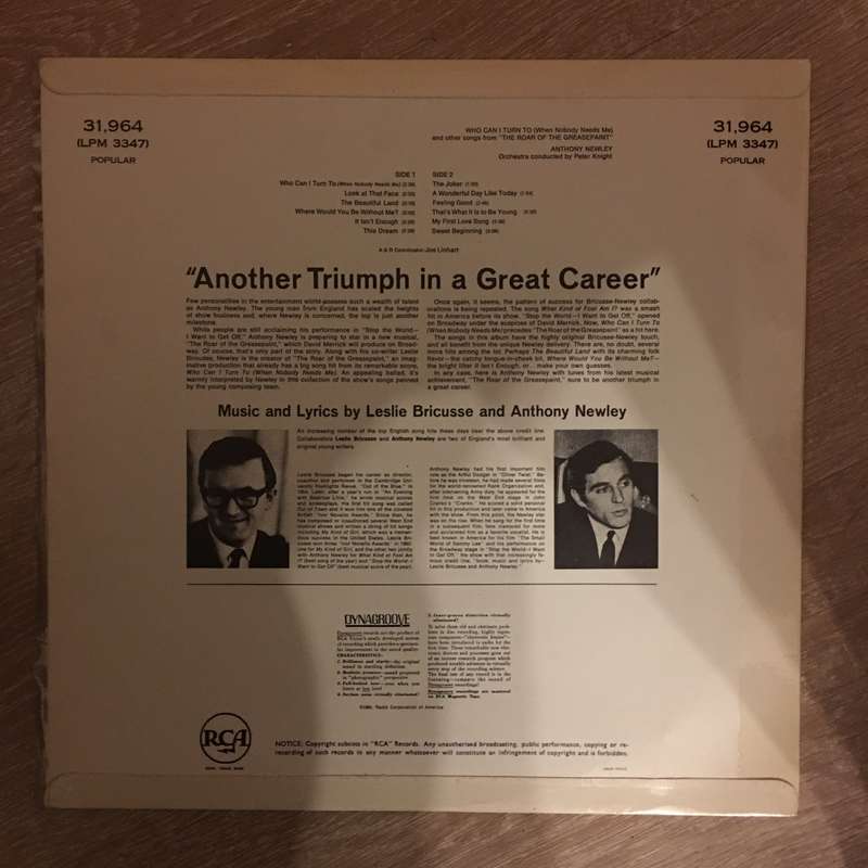 Anthony Newley  Who Can I Turn To And Other Songs From The Roar Of Greasepaint - Vinyl LP R...