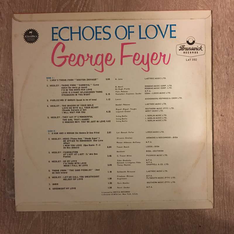 George Feyer  Echoes Of Love - Vinyl LP Record - Very-Good Quality (VG)