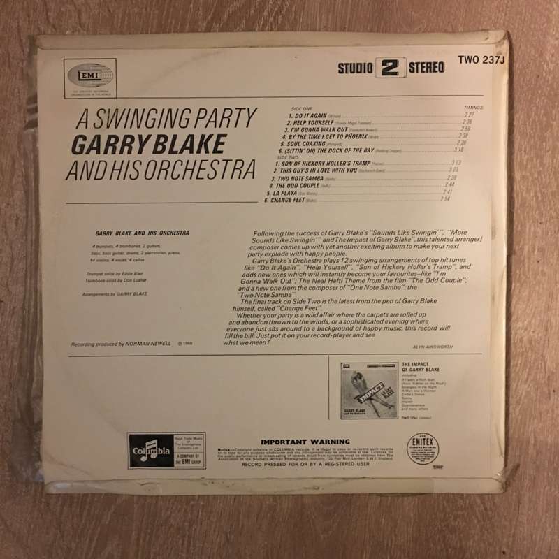 Garry Blake And His Orchestra  A Swinging Party - Vinyl LP Record - Opened  - Very-Good+ Qu...