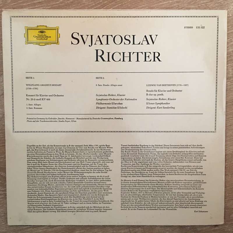 Sviatoslav Richter - Mozart / Beethoven  Piano Concerto No. 20 In D-Minor K 466 / Rondo In ...