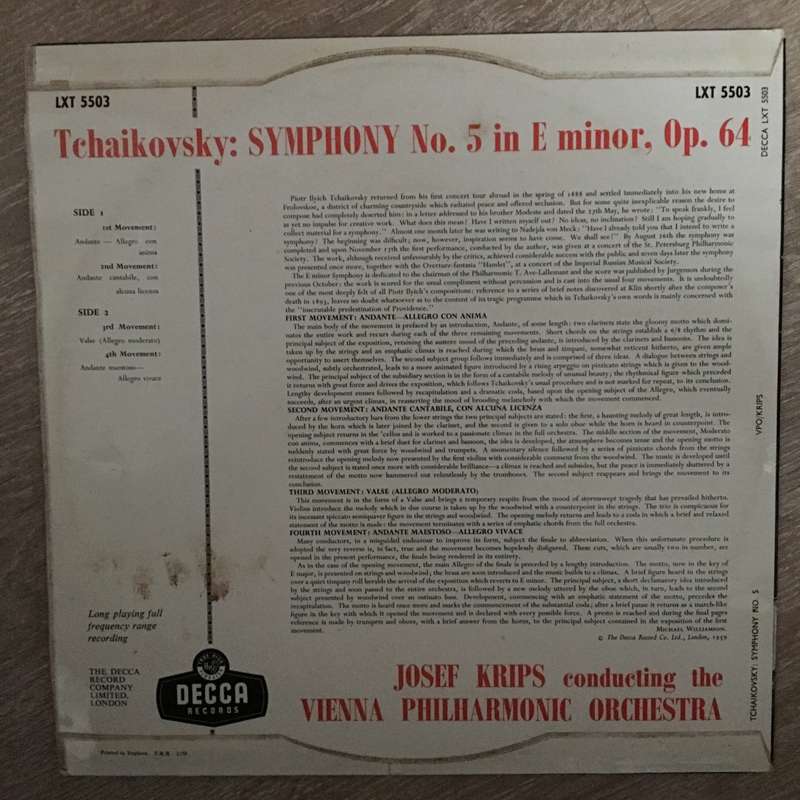Tchaikovsky - Krips  Vienna Philharmonic  Symphony No. 5  Vinyl LP Record - Opened...