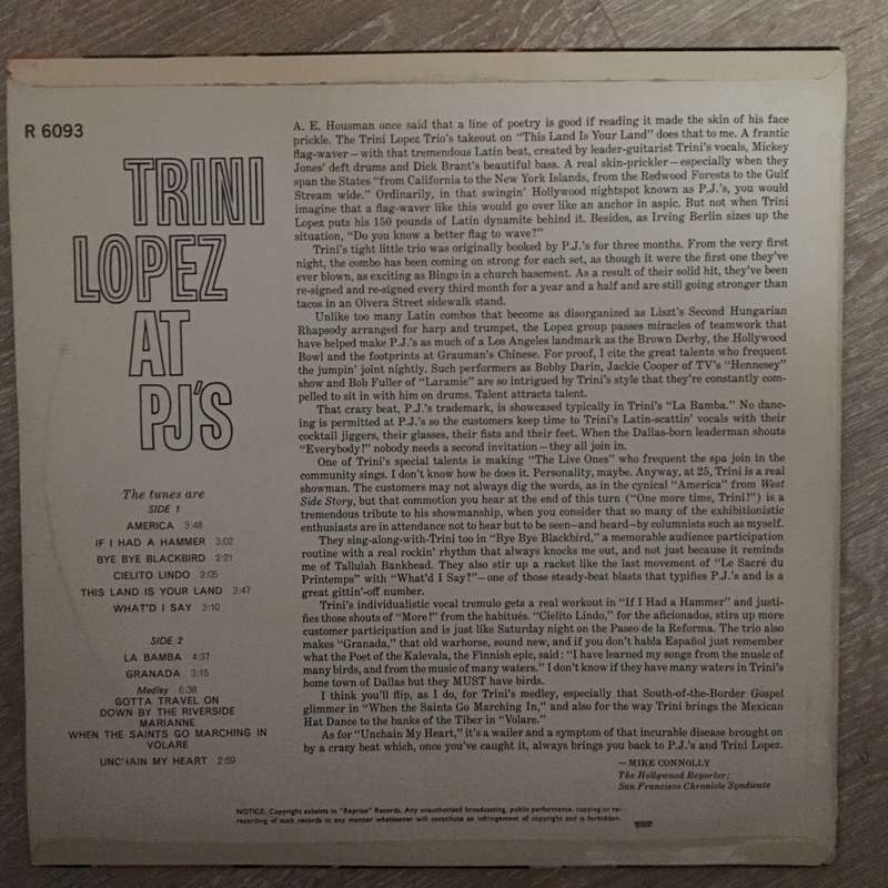 Trini Lopez at PJ's - Vinyl LP Record - Opened  - Very-Good+ Quality (VG+)