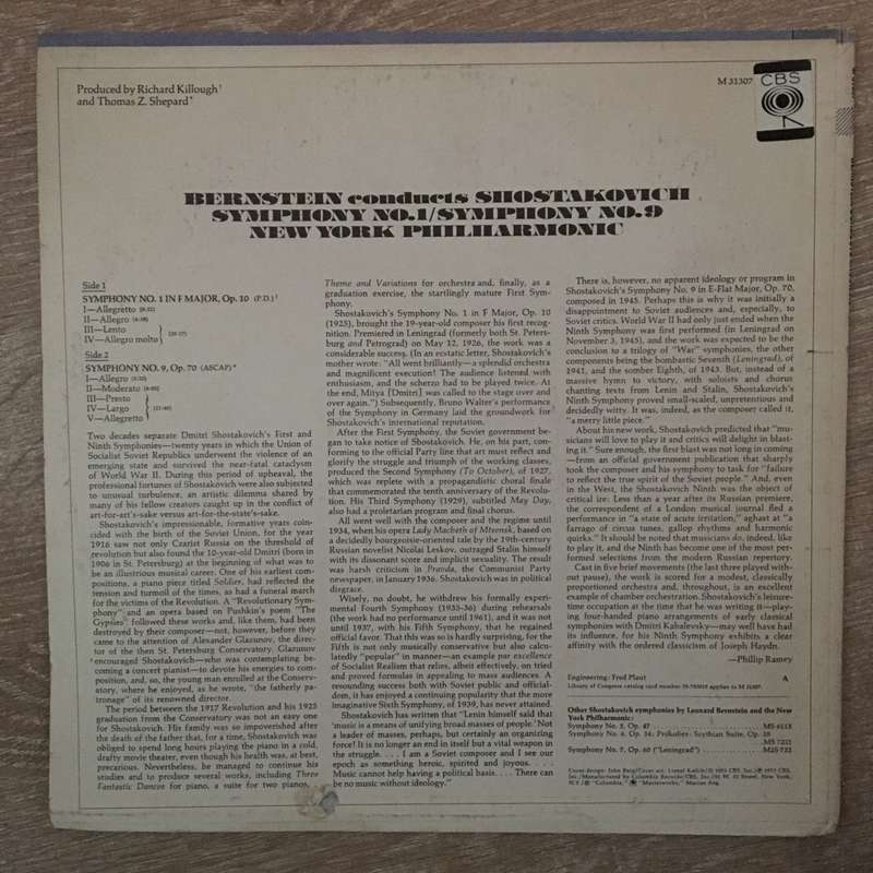 Bernstein Conducts Shostakovich  Symphony No. 1 / Symphony No. 9  Vinyl LP Record - O...
