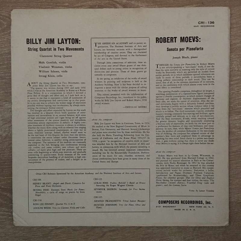 Billy Jim Layton / Robert Moevs  String Quartet In Two Movements / Sonata For Piano  ...