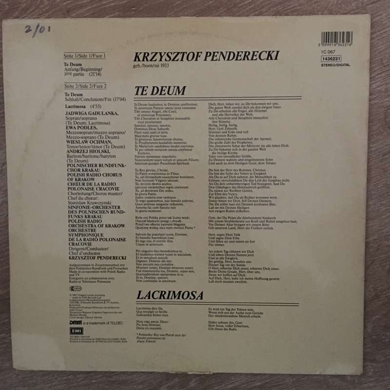 Penderecki  Te Deum / Lacrimosa -  Vinyl LP Record - Opened  - Very-Good+ Quality (VG+)