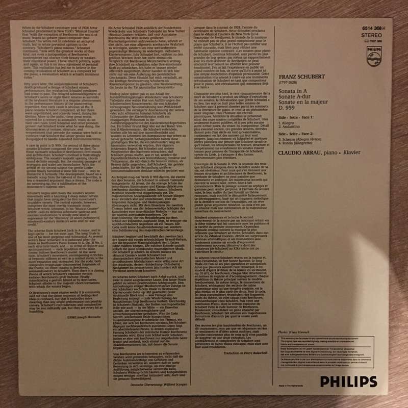 Franz Schubert, Claudio Arrau  Piano Sonata in A D. 959 -  Vinyl LP Record - Opened  - Very...
