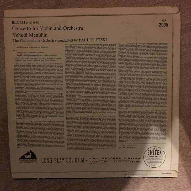 Bloch, Menuhin - Philharmonia Orchestra, Paul Kletzki  Violin Concerto -  Vinyl LP Record -...