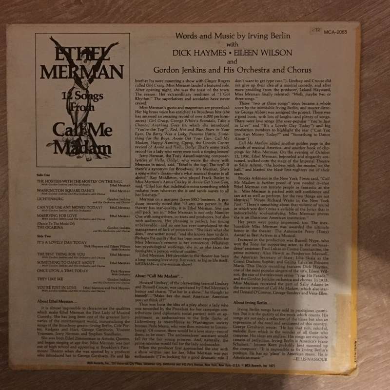 Ethel Merman  Songs From Call Me Madam -  Vinyl LP Record - Opened  - Very-Good+ Quality (VG+)