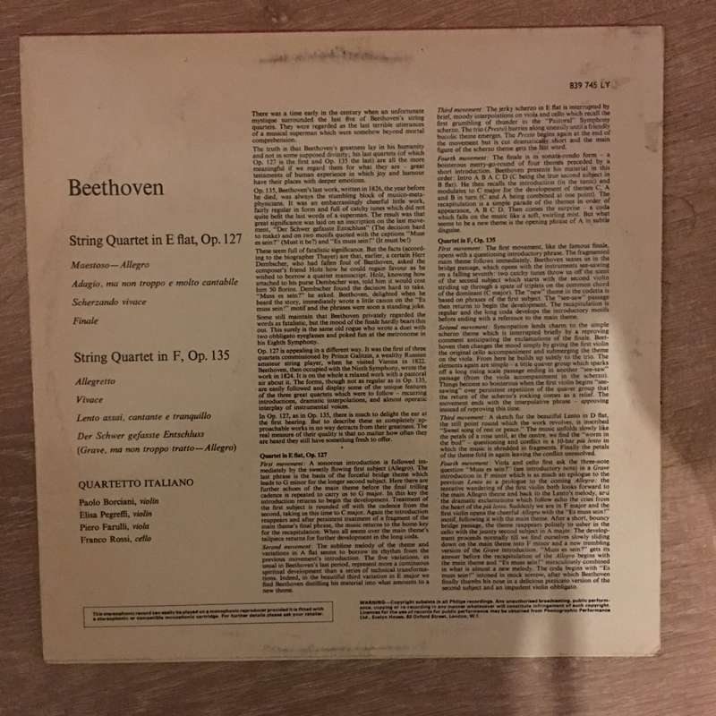 Beethoven / Quartetto Italiano  String Quartet In E Flat Op 127 / String Quartet In F Op 13...