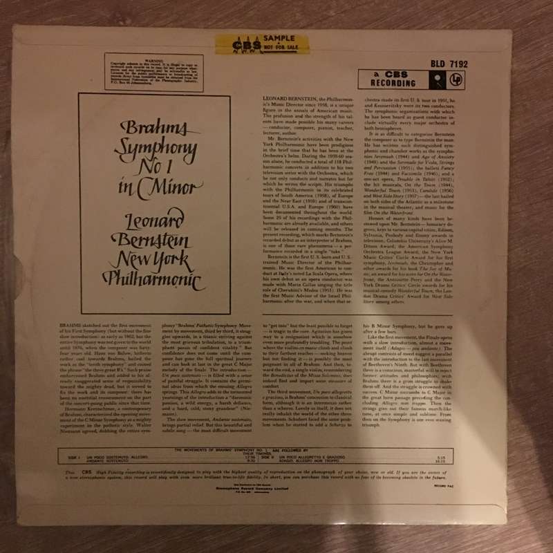 Brahms - Leonard Bernstein, New York Philharmonic  Symphony No. 1 In C Minor - Vinyl LP ...