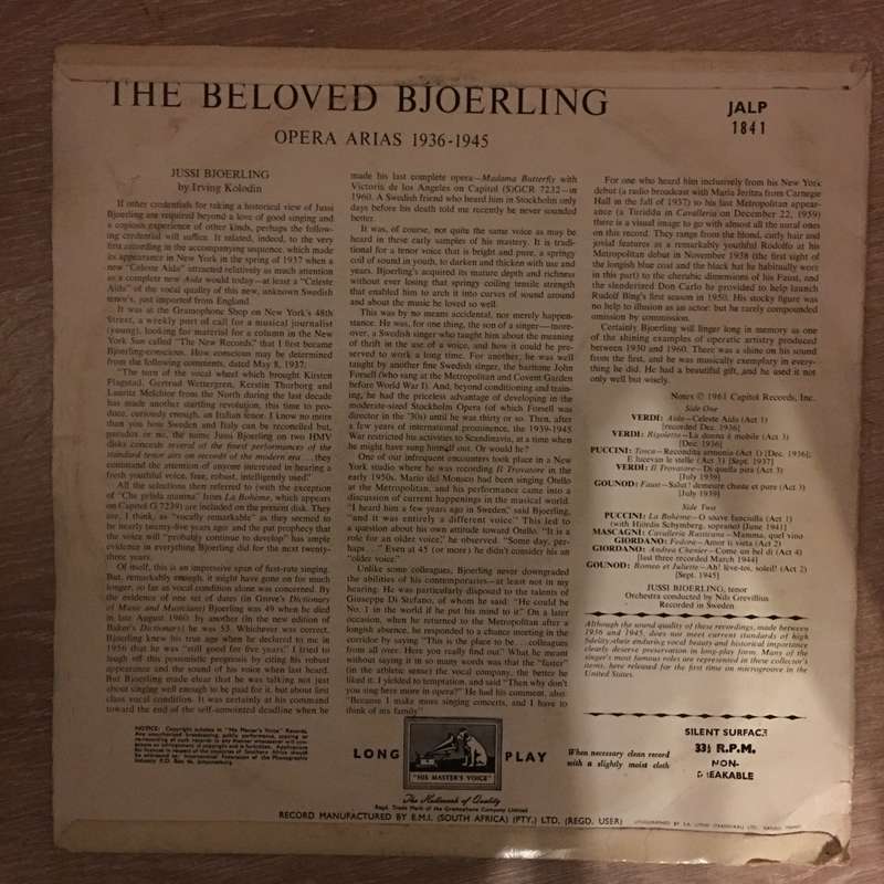 Jussi Björling  The Beloved Bjoerling - Opera Arias 1936-1945 - Vinyl LP Record - Opene...