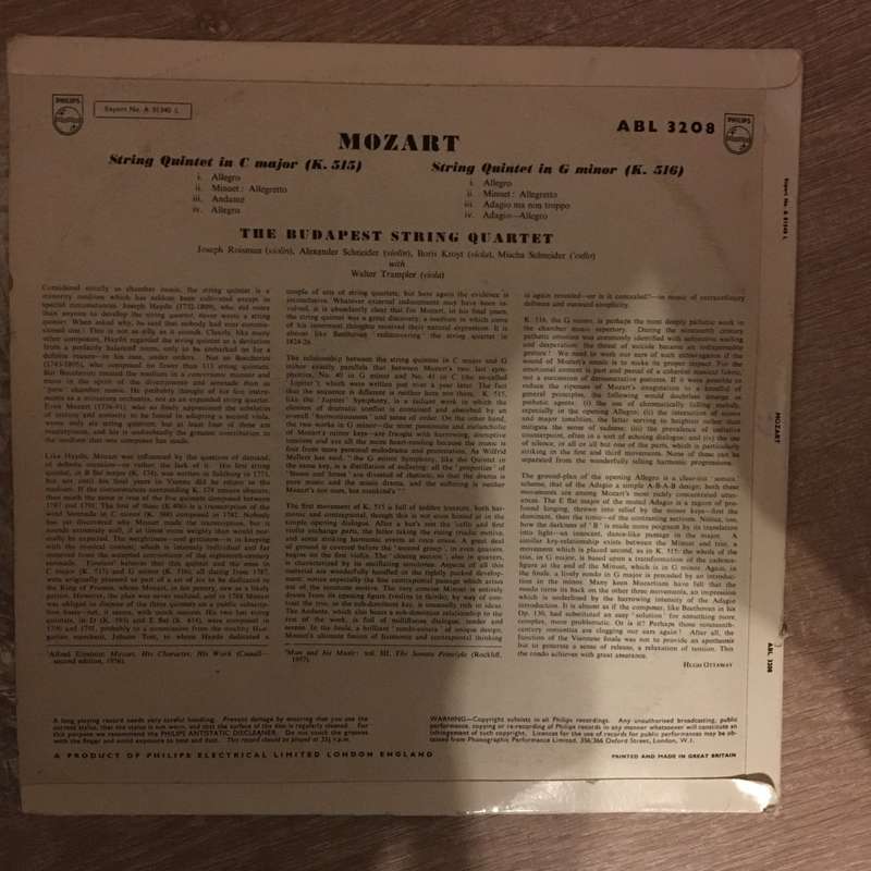 Budapest String Quartet, Walter Trampler  Mozart String Quintets Nos. 515 & 516 - Vinyl LP ...