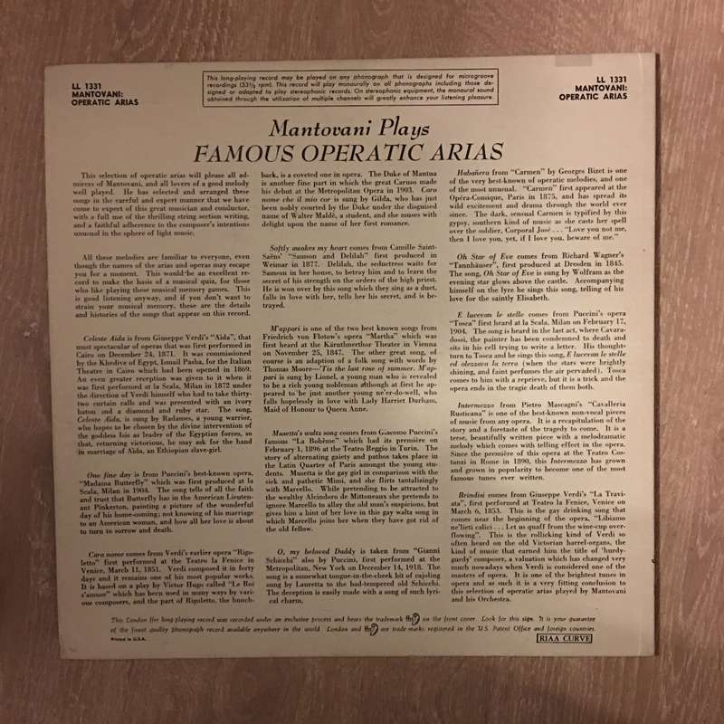 Mantovani And His Orchestra  Operatic Arias - Vinyl LP Album - Opened  - Very-Good+ Quality...