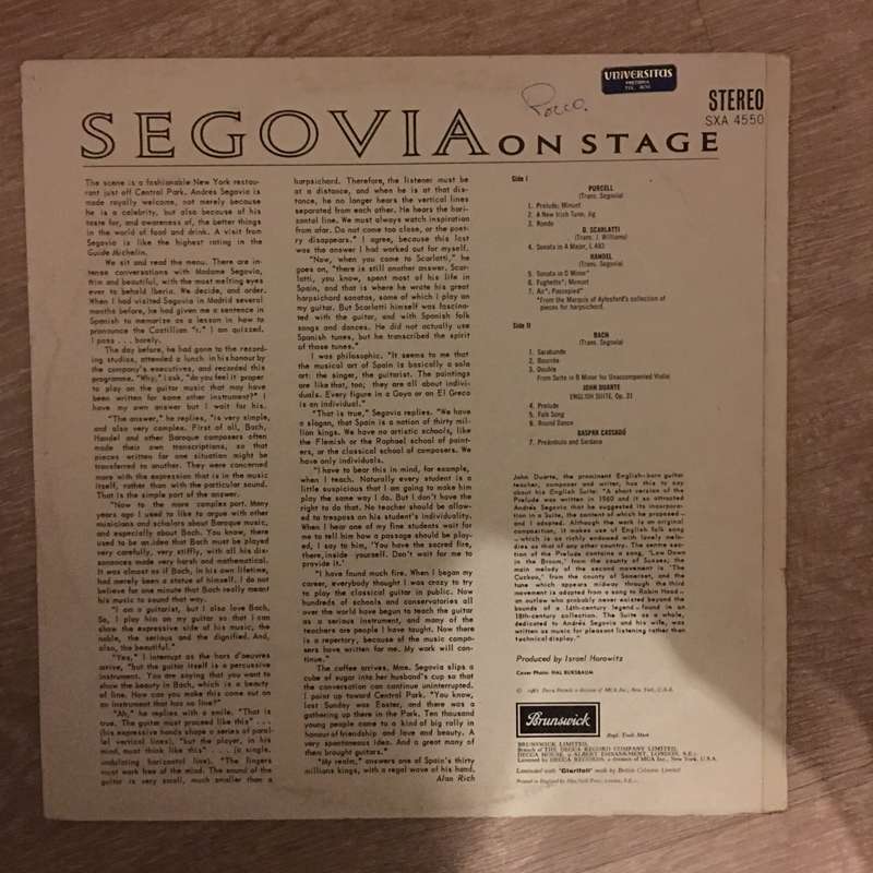 Segovia on Stage - Vinyl Record Opened  - Very-Good- Quality (VG-)