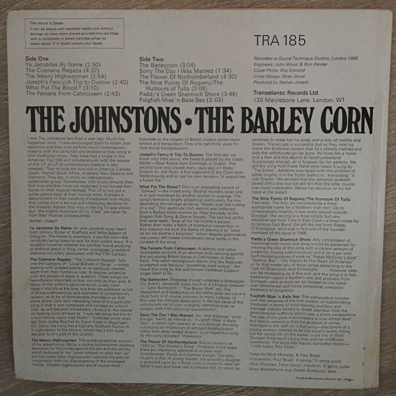 The Johnstons  The Barley Corn - Vinyl LP Record - Opened  - Very-Good+ Quality (VG+)