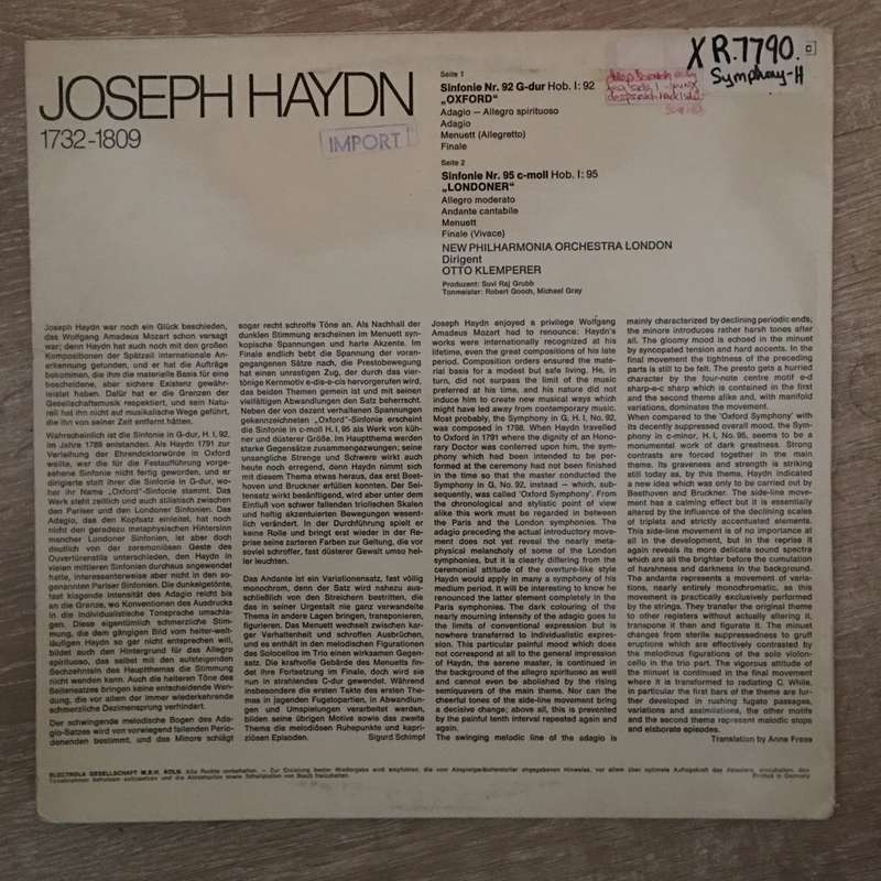 Joseph Haydn - Klemperer - Sinfonie Nr 92 G-Dur, Nr 95 c-moll - Vinyl LP Record - Opened  - Good ...