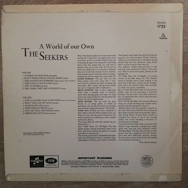The Seekers - A World Of Our Own - Vinyl LP Record - Opened  - Good Quality (G)