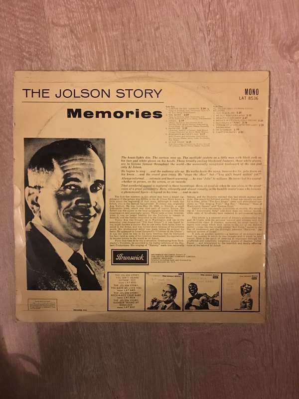 Memories - The Jolson Story -  Vinyl LP Record - Opened  - Very-Good+ Quality (VG+)