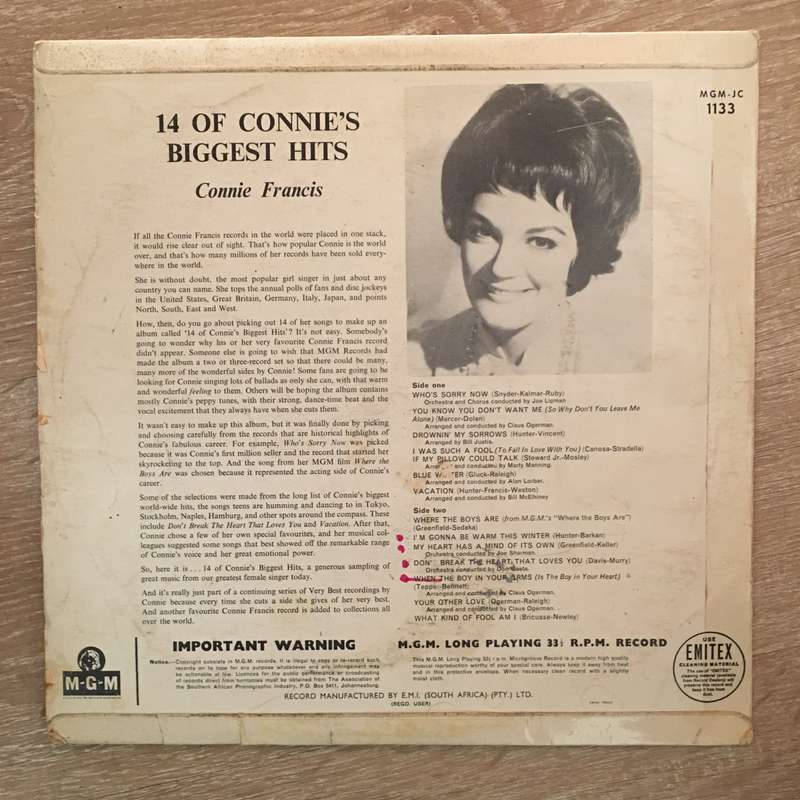 Connie Francis - 14 Of Connie's Biggest Hits - Vinyl LP Record - Opened  - Very-Good Quality (VG)
