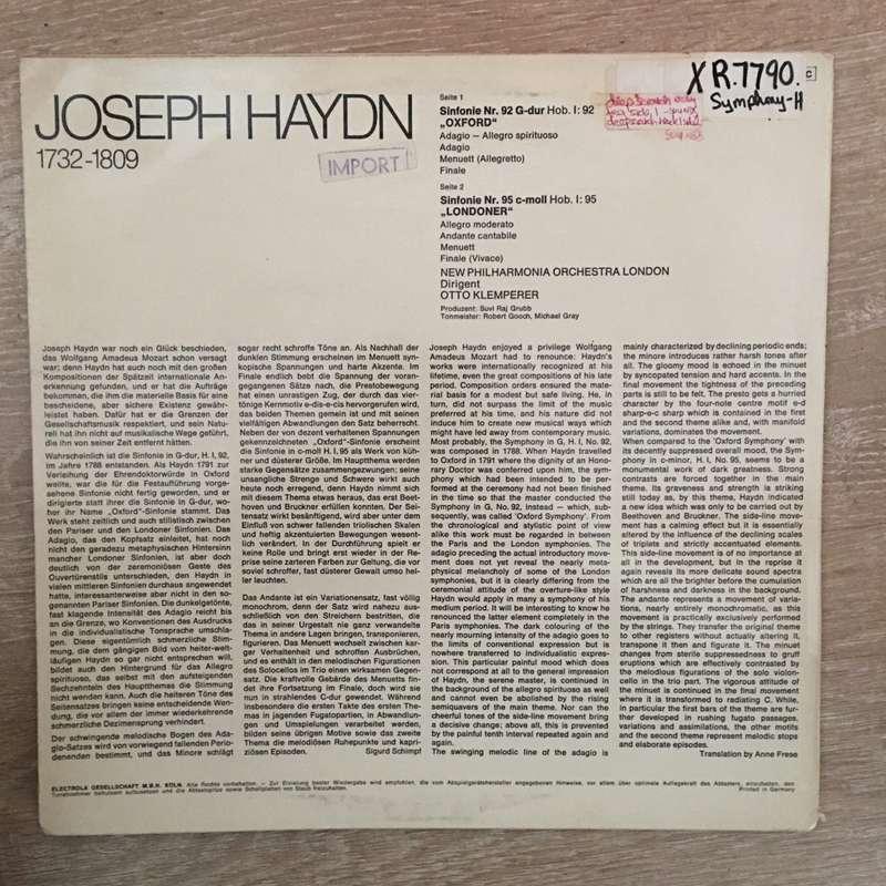 Haydn - New Philharmonia Orchestra London, Klemperer  Sinfonie Nr. 92 G-dur Hob. 1.92 ("Oxf...