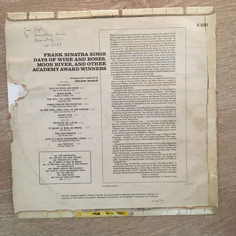 Frank Sinatra  Days Of Wine and Roses - Vinyl LP Record - Opened  - Very-Good- Quality (VG-)