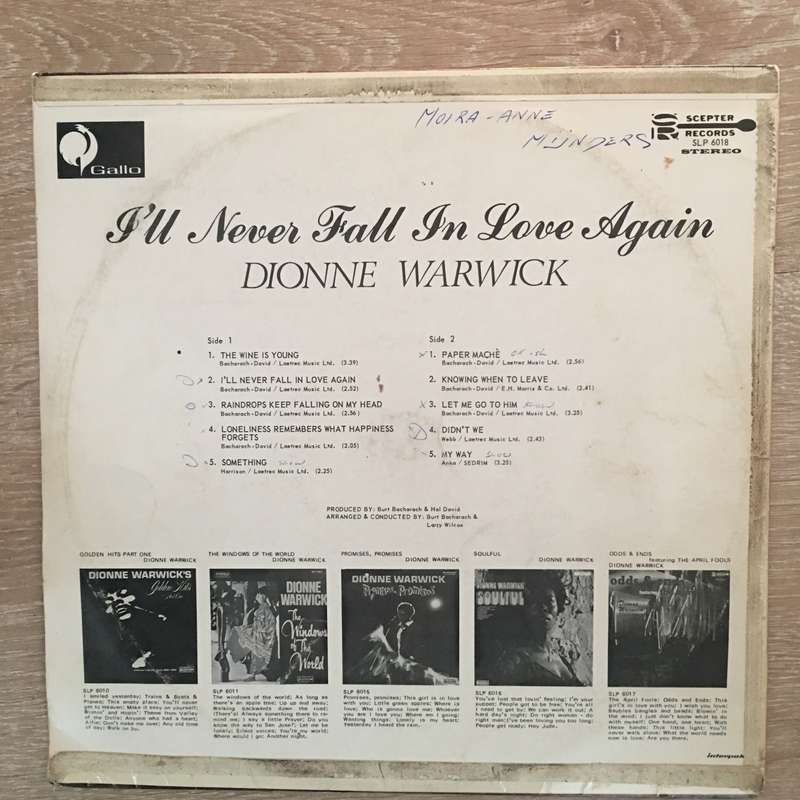 Dionne Warwick - I'll Never Fall In Love Again - Vinyl LP Record - Opened  - Very-Good Quality (VG)